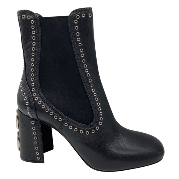 MIU MIU BLACK / SILVER STUDDED LEATHER PULL ON ANKLE BOOTS - Picture 2 of 10